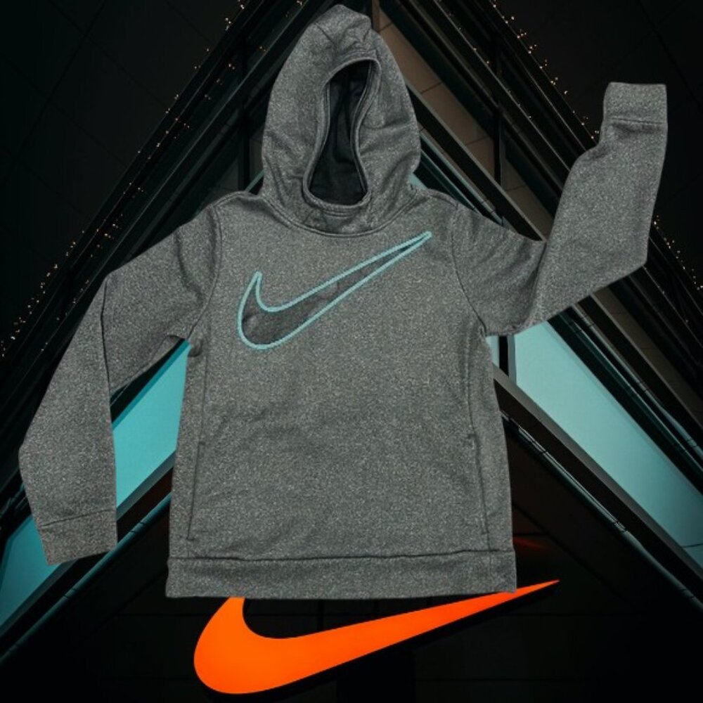 Nike Gray Green Black Boys Girls Youth Center Swoosh Sweatshirt Hoodie Large